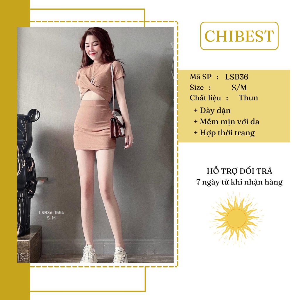 Set áo croptop tay ngắn xoắn ngực phối chân váy ôm body cá tínhCHIBEST LSB36