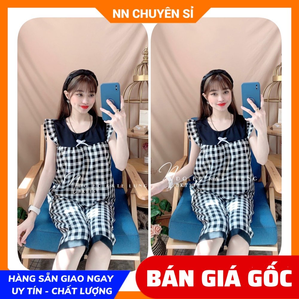 Đồ bộ nữ mặc nhà chất kate mềm mát in caro nhí phối nơ dễ thương BKT157 bộ kate lửng