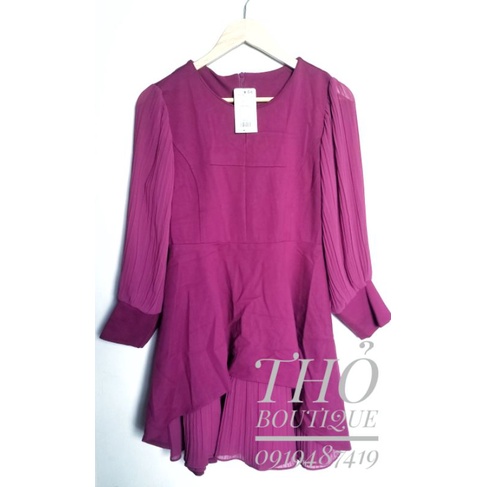 Đầm ngắn xoè ADRIENNE VITTADINI form A cổ tròn thun cotton phối tay dài voan xếp ly màu hồng tím sen