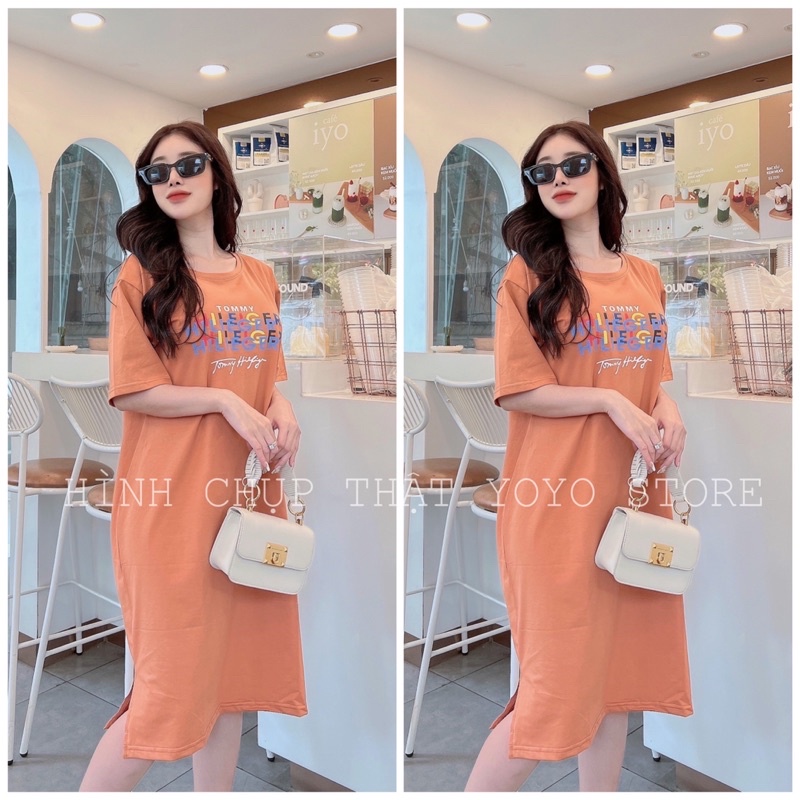 Đầm thun bầu bigsize dáng suông xẻ tà form dài dưới 70kg smile màu đen