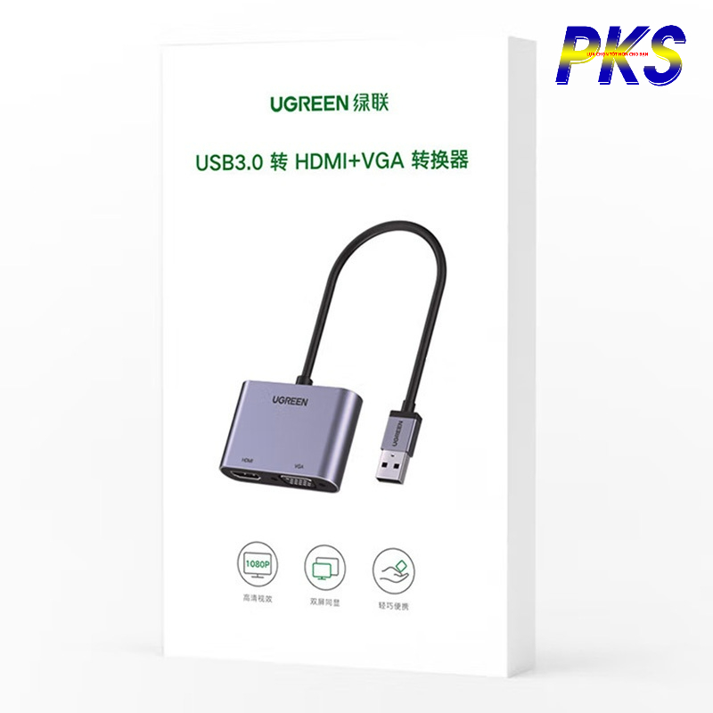 Cáp chuyển đổi USB 3.0 sang HDMI, VGA màu xám Ugreen 20518 - Chính hãng