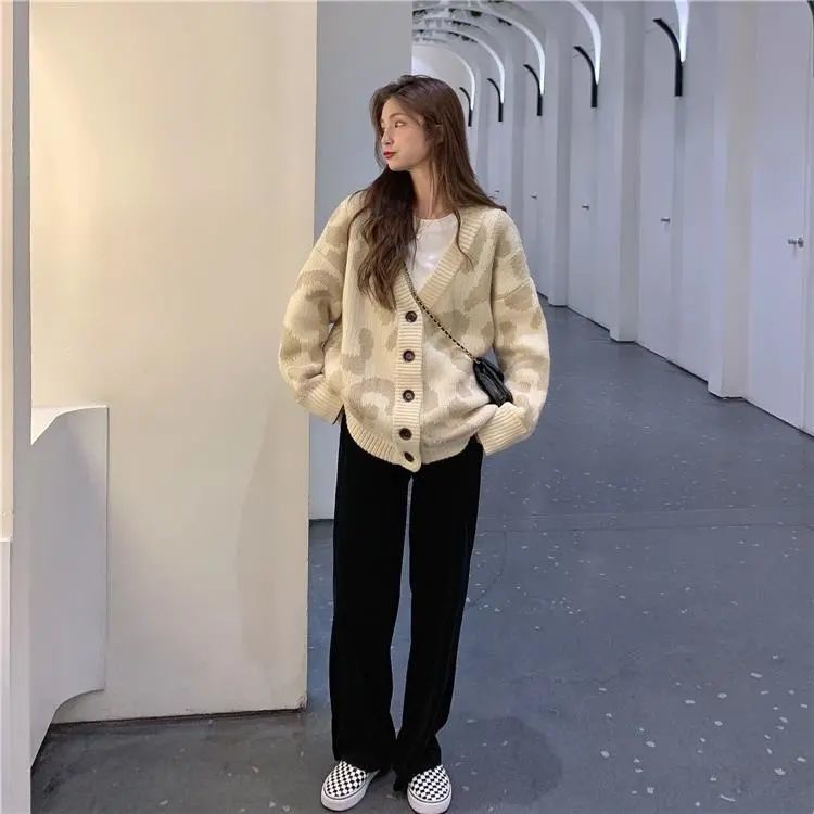 Áo Khoác Cardigan Dệt Kim Dày Dặn Họa Tiết Da Báo Phong Cách Hàn Quốc Thời Trang Xuân Thu Mới Cho Nữ