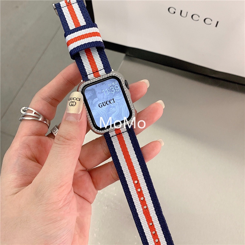 Dây Đeo Bằng Vải Canvas Họa Tiết Sọc Cho Đồng Hồ Thông Minh Smart Watch Series 7 6 SE 5 4 3 2 1 41mm 45mm 40mm 44mm 42mm