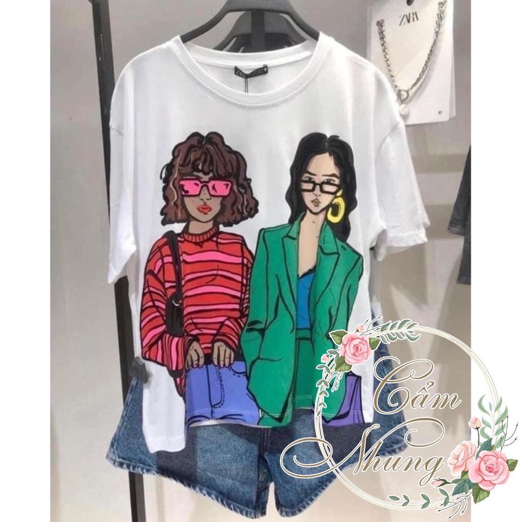 Áo Thun Tay Lỡ 2 cô gái ZA RA -CAMNHUNG Áo Thun Nam Nữ Unisex Hot Hit