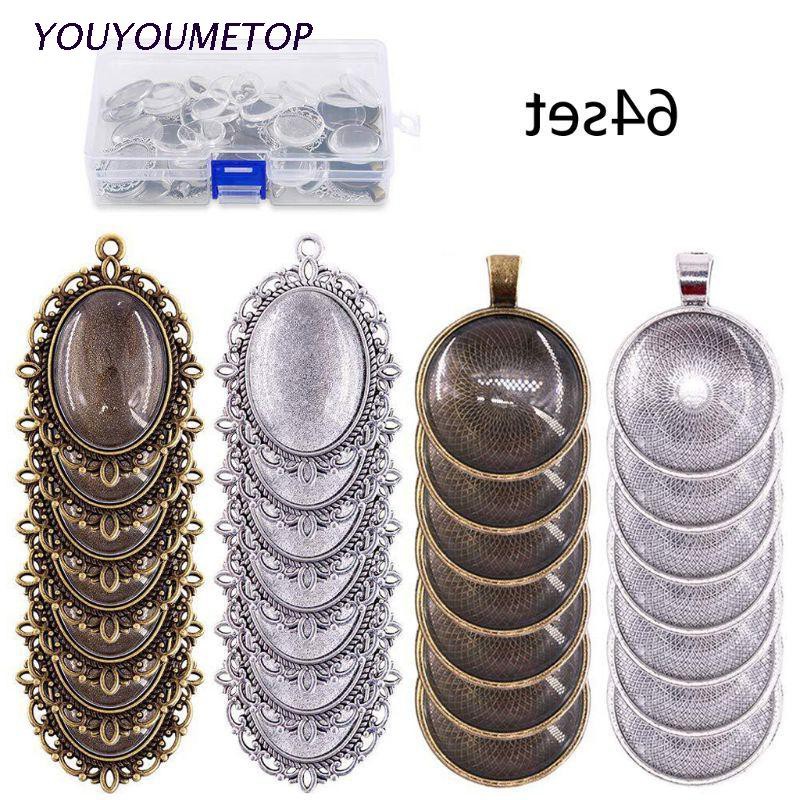 YOUYO 64Pc Oval Round Pendant Tray Bezel with Glass Cabochon Dome Tiles Jewelry Making