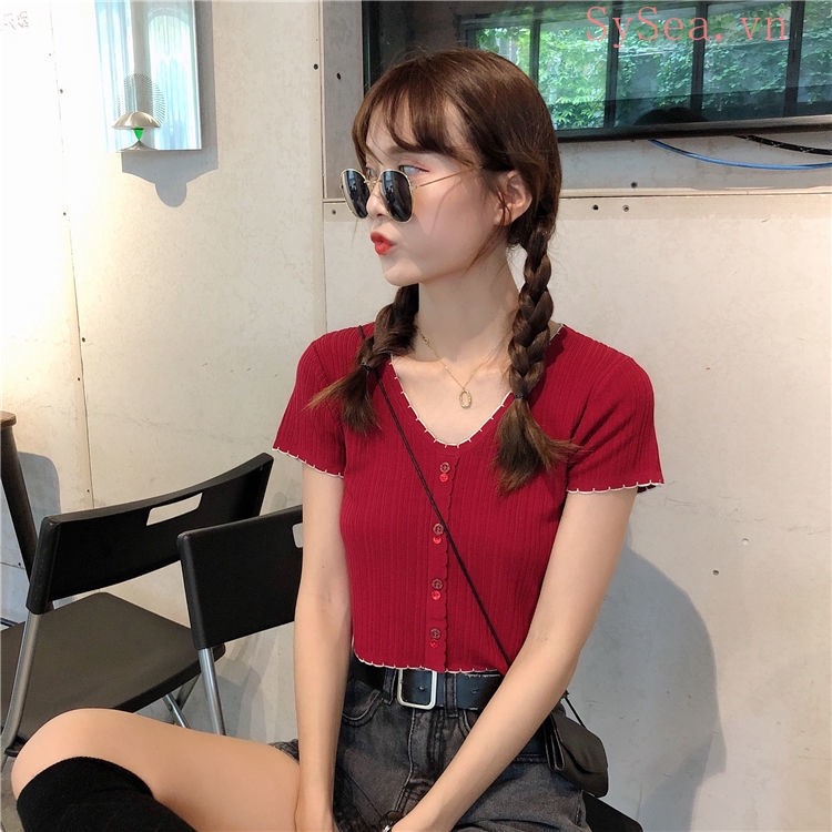 Áo Thun Lửng Tay Ngắn Cổ Chữ V Thời Trang Cho Nữ
