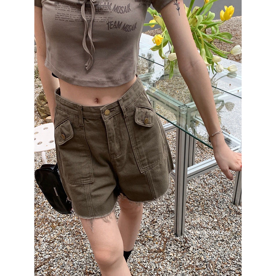 ▦Quần Yếm Denim Ngắn Ống Rộng Lưng Cao Phong Cách Retro Mỹ Thời Trang Cho Nữ