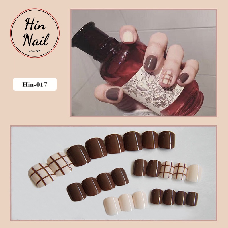 Set 24 móng tay giả kẻ caro nâu móng giả kèm keo Hin Nail