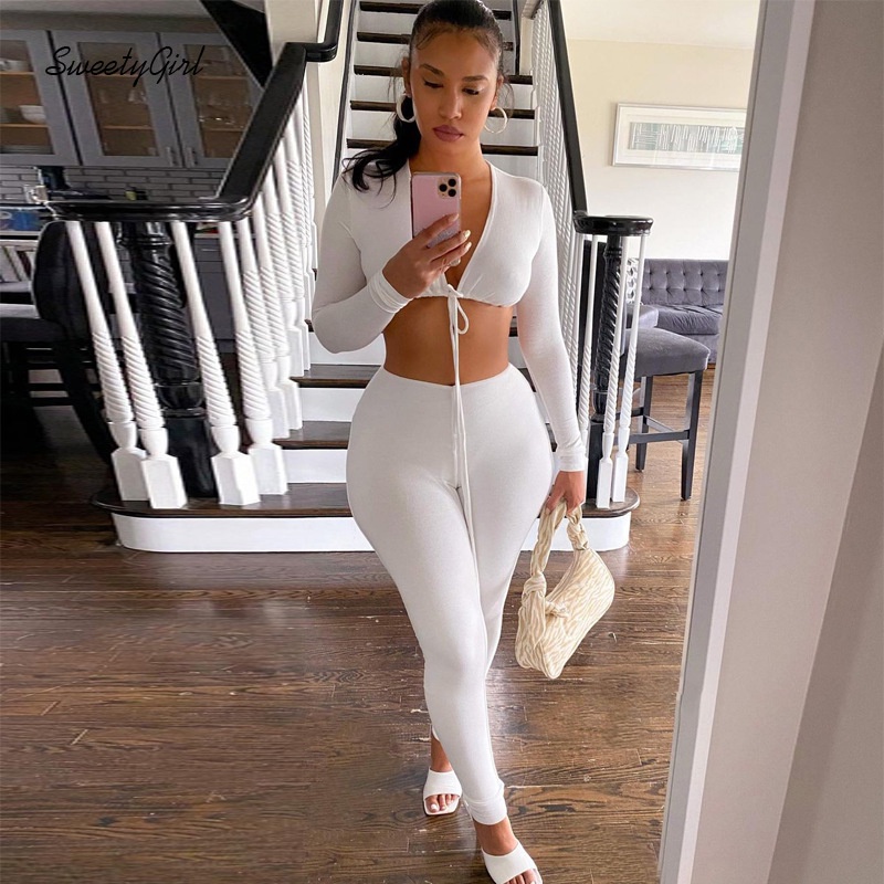 Bộ Áo Tay Dài Cổ Chữ V Thắt Nơ Phối Quần Lưng Cao Màu Trơn Thời Trang 2022 Cho Nữ