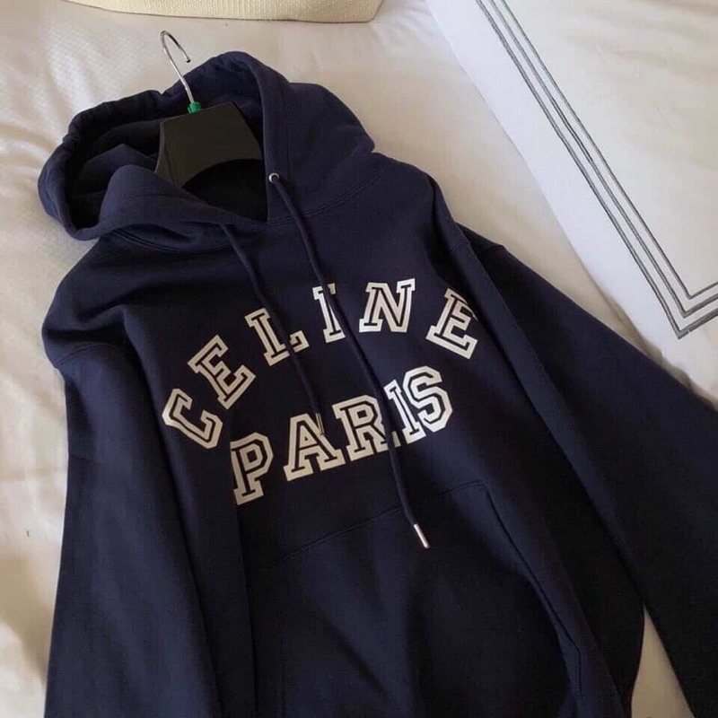 Áo Nỉ Hoodie Mũ Paris Màu Xanh Than Dáng Rộng Giấu Quần