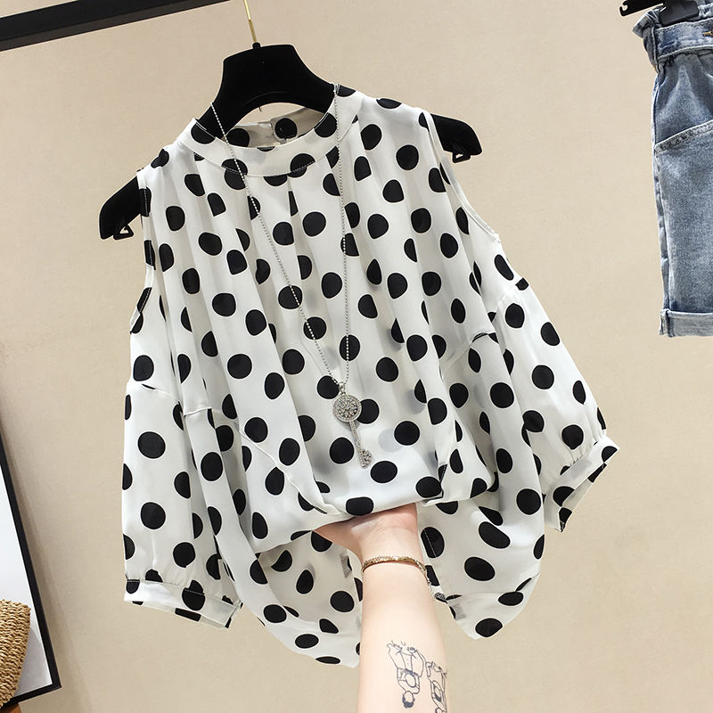 Áo Sơ Mi Chiffon Tay Lỡ Hở Vai Họa Tiết Chấm Bi Trắng/Đen Thời Trang Cho Nữ Size M-4XL