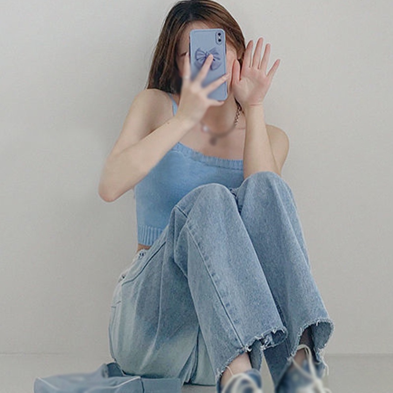 Quần jean dài lưng cao ống rộng phối rách màu gradient phong cách retro Âu Mỹ cá tính cho nữ