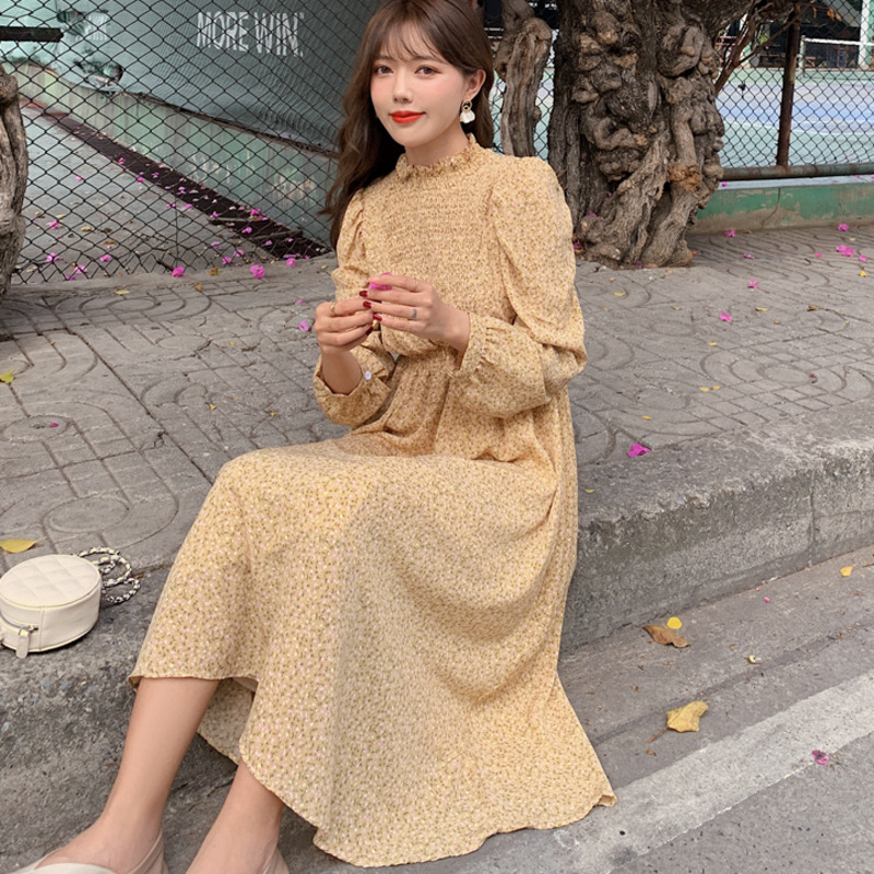 Đầm Hoa Chiffon Tay Dài Cổ Cao Thời Trang Xuân Hè Mới Váy