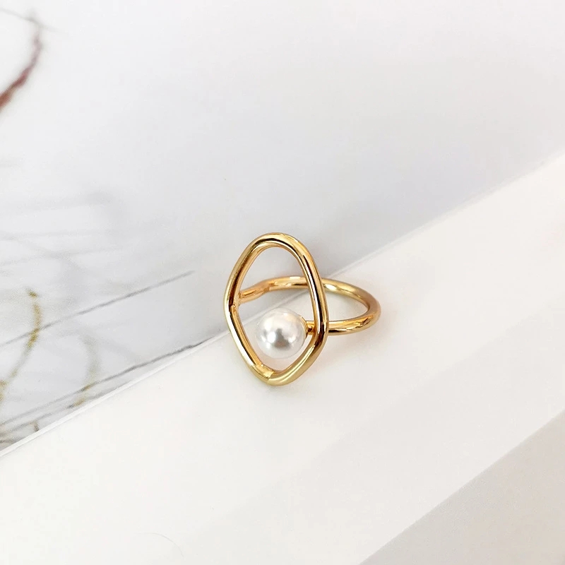 [WHOLESALE] [Women Fashion Vintage Geometric Hollow Pearl Rings] [ Elegant Ladies Smooth Fine Thin Finger Ring] [Lovely Jewelry Gifts For Girl Friends]