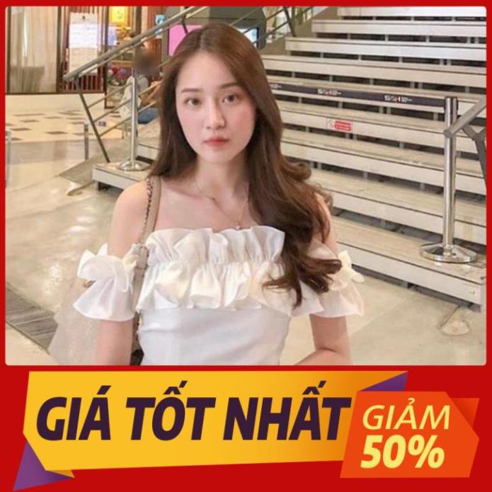Áo trễ vai croptop nữ màu trắng có dây kéo hông nhún bèo freesize - Áo kiểu hở vai dún bèo *21
