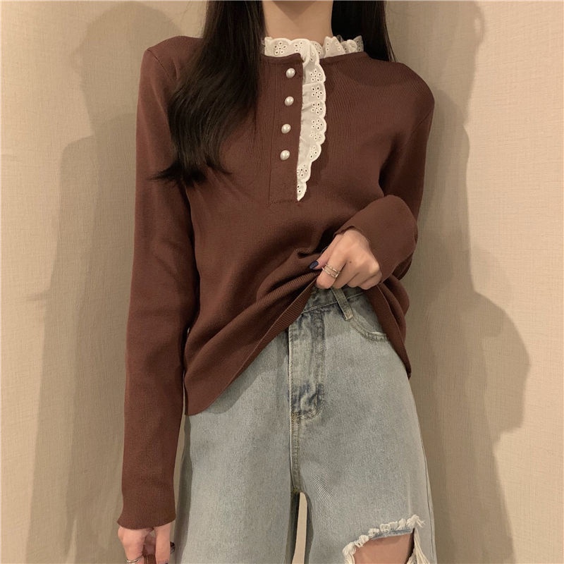 Áo len dài tay cổ cao thiết kế mới phối ren xinh xắn thời trang dành cho nữ