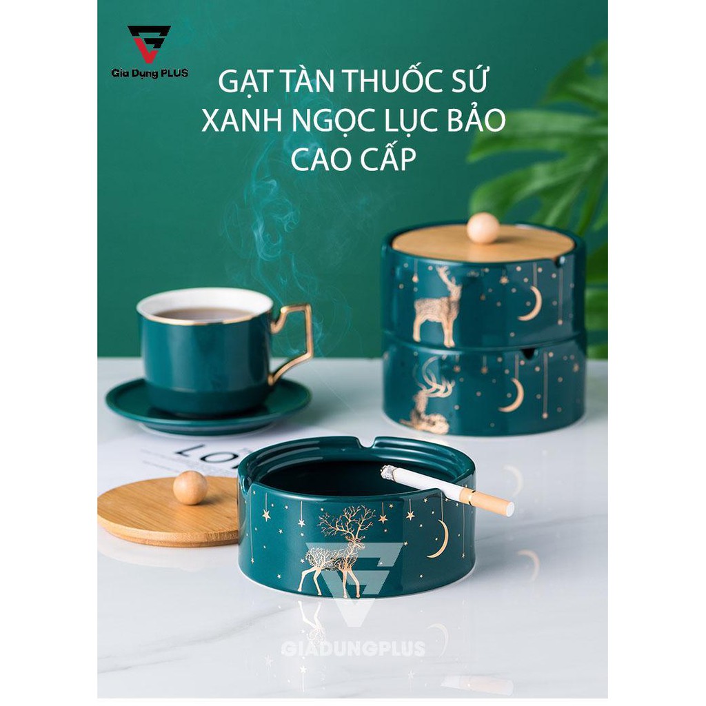 Gạt tàn thuốc lá sứ - xanh cổ vịt – kèm nắp gỗ – phong cách Bắc Âu