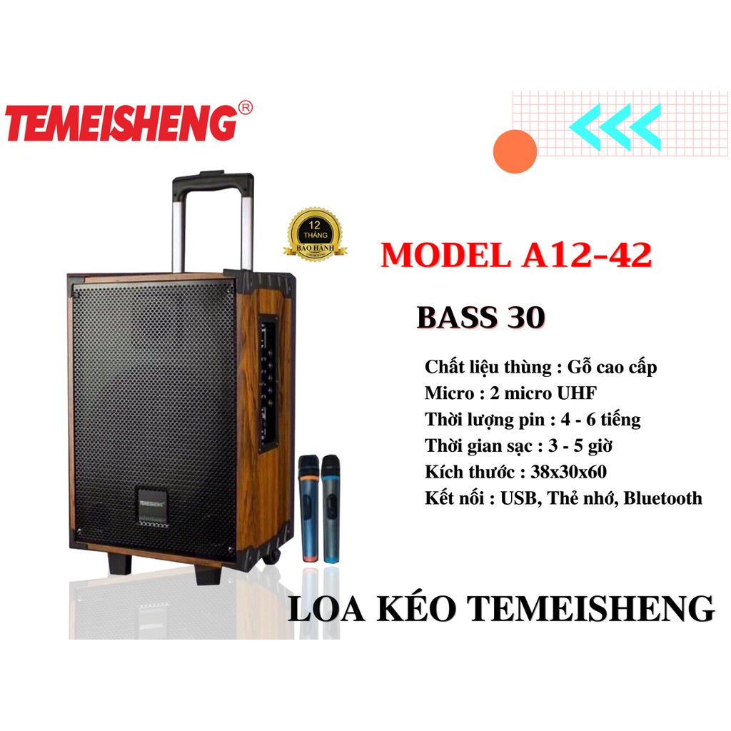 Loa kéo thùng gỗ hát karaoke, nghe nhạc bass 3 tấc kết nối bluetooth, usb Temeisheng A12-42 hàng chính hãng