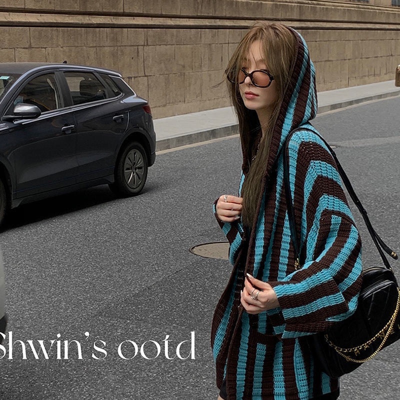 Áo Khoác Cardigan Có Nón Họa Tiết Kẻ Sọc Chất Liệu Dệt Kim Cao Cấp Thời Trang Mùa Xuân Thu Cho Nữ