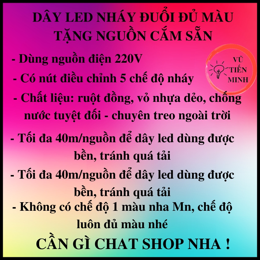 [TẶNG NGUỒN] 20M dây led nháy đuổi đủ màu trang trí ngoài trời siêu đẹp, chống nước tuyệt đối dùng để tran