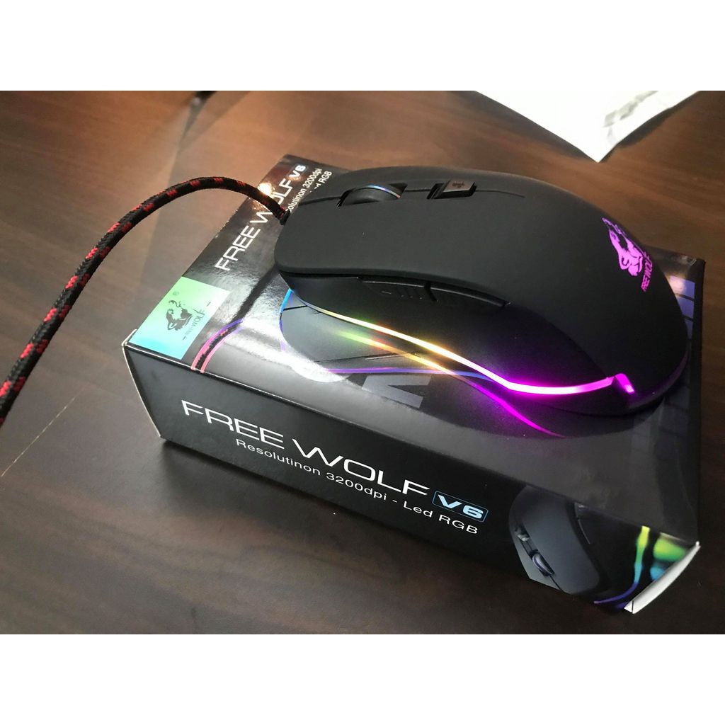 CHUỘT CHƠI GAME LED RGB FREE WOLF V6 (Đen)