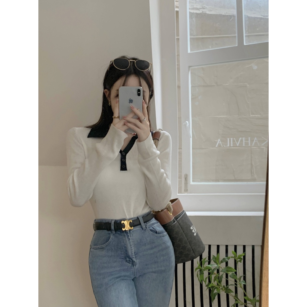 Áo Len Tay Dài Cổ Chữ V Màu Tương Phản Phong Cách Hàn Quốc Thời Trang