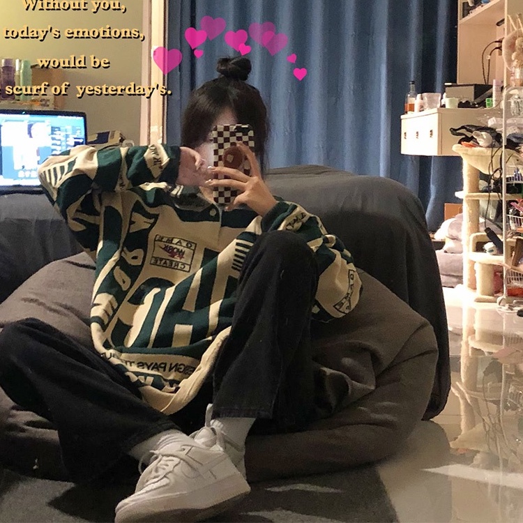 Áo thun polo ZHELIHANGFEI tay dài dáng rộng theo phong cách preppy Mỹ dễ phối đồ