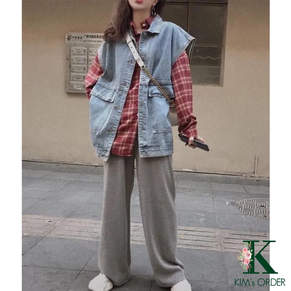 Áo khoác jean nữ màu xanh sát nách phom rộng phong cách retro sành điệu cá tính năng động Ulzzang Hàn Quốc chất đẹp
