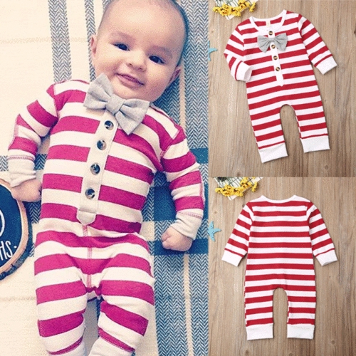 Jumpsuit sọc tay dài đính nơ dễ thương cho bé