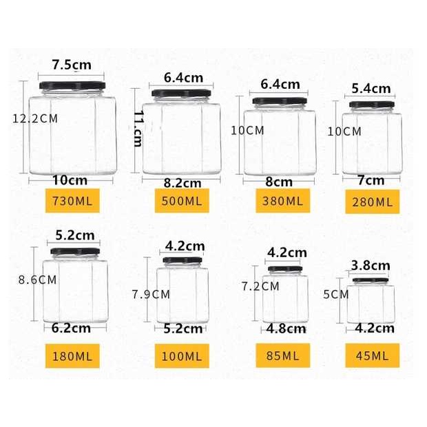 Hũ Lọ thủy tinh Lục Giác 380 ml đựng thực phẩm, Hủ đựng mật ong gia vị