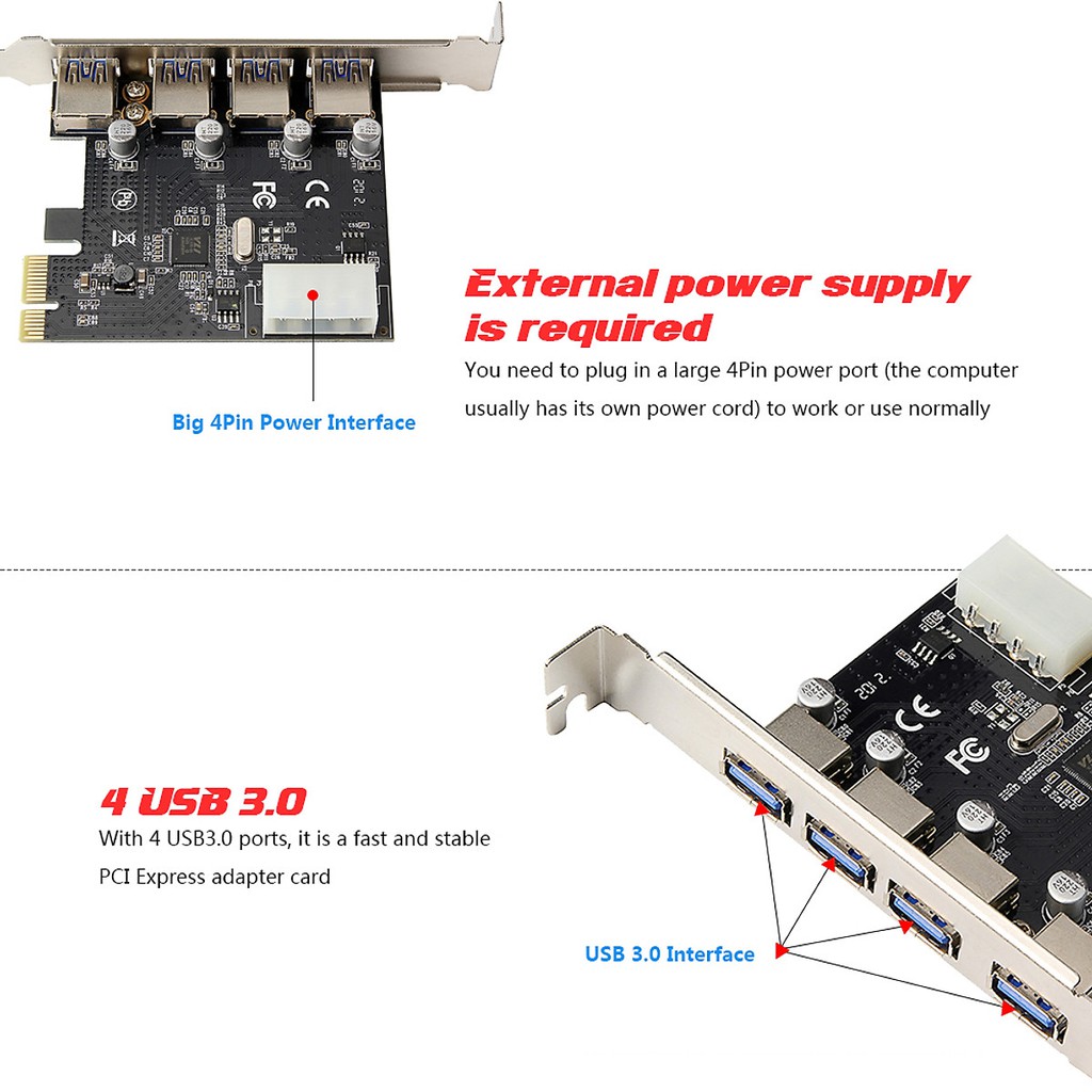 Card chuyển đổi PCI Express to USB 4 cổng 3.0, PCI Express to USB3.0 Adapter Card with Large 4Pin Power Interface for PC