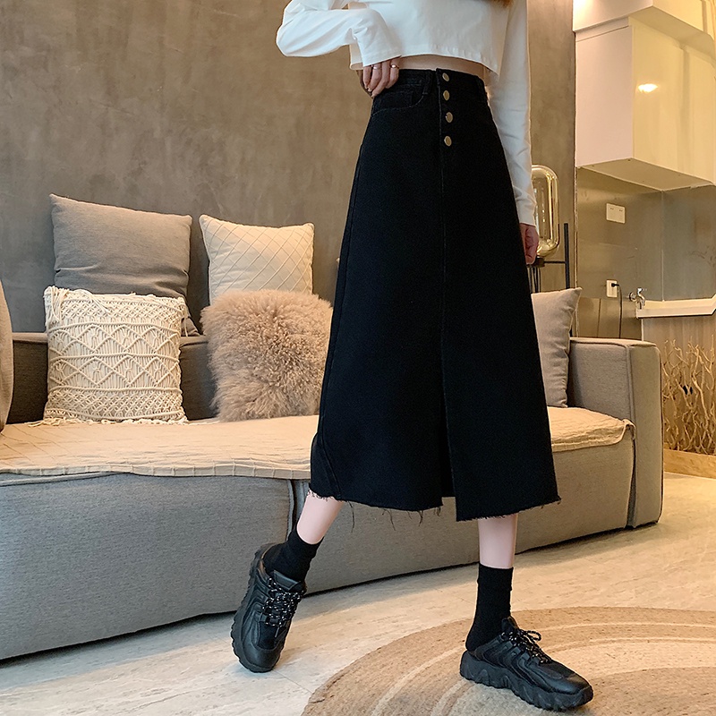 Chân váy bò chân váy jean nữ FIRST DATE dáng dài xẻ tà lệch denim jeans