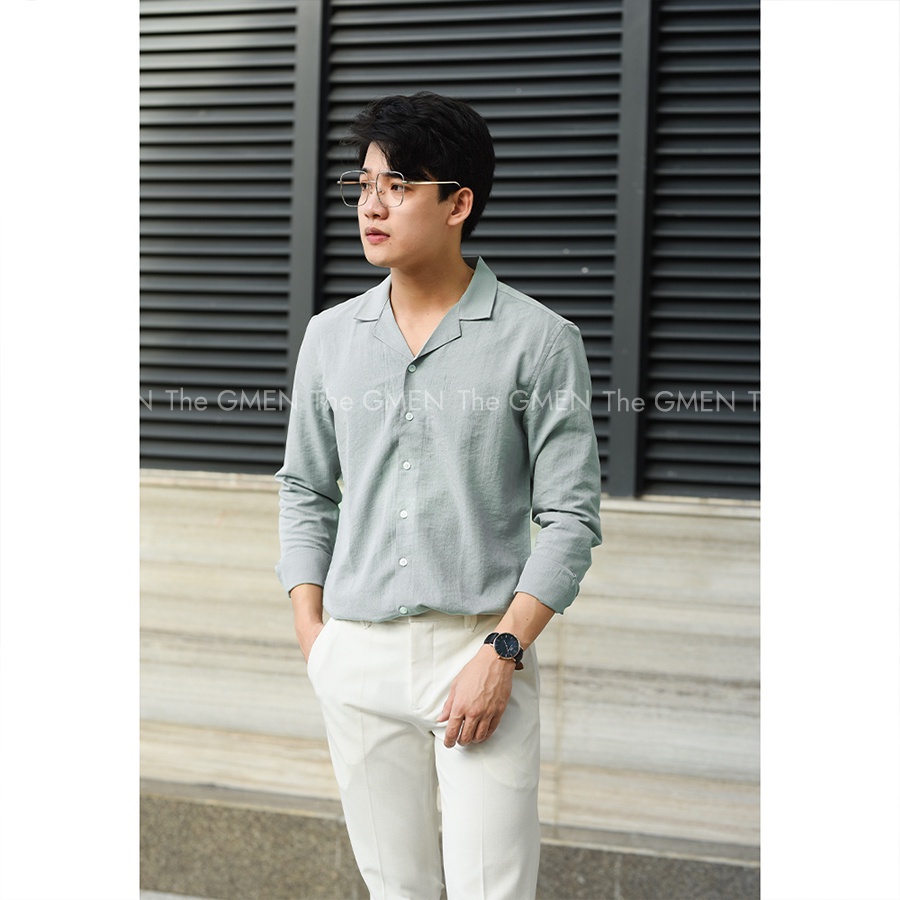 Áo sơ mi nam Cuban Collar dài tay THE GMEN thiết kế cổ vest, chất vải linen mềm mại