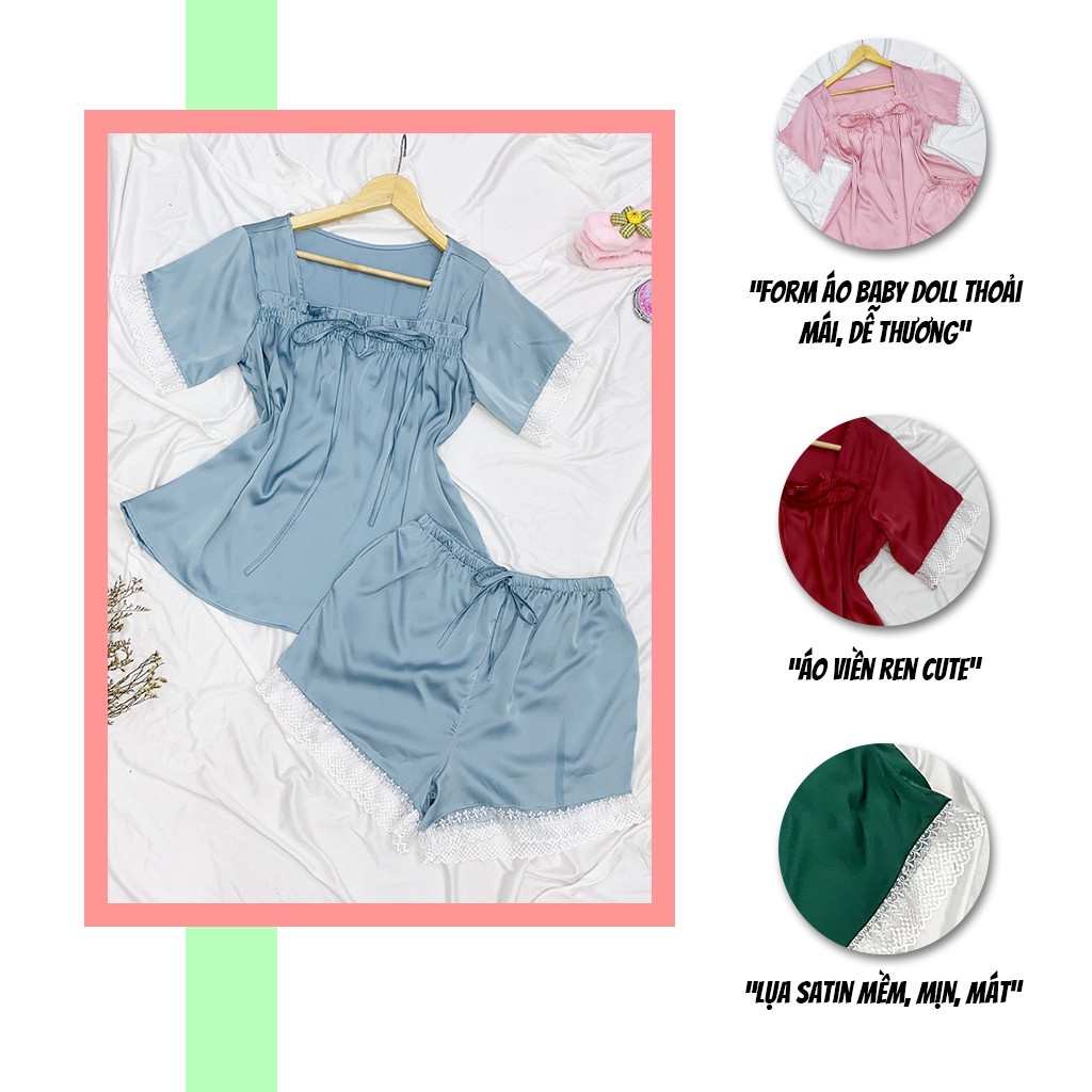 Bộ ngủ lụa SBORG đồ ngủ cute lụa latin cao cấp áo viền ren dễ thương phối quần đùi có túi freesize dưới 65kg quà tặng vợ