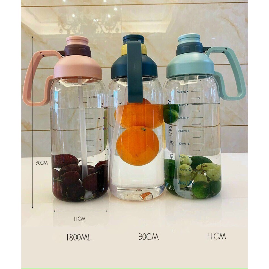 Bình nước 1800ml có ống hút và tay cầm - Lọ nước có ống hút và tay cầm 1800ml