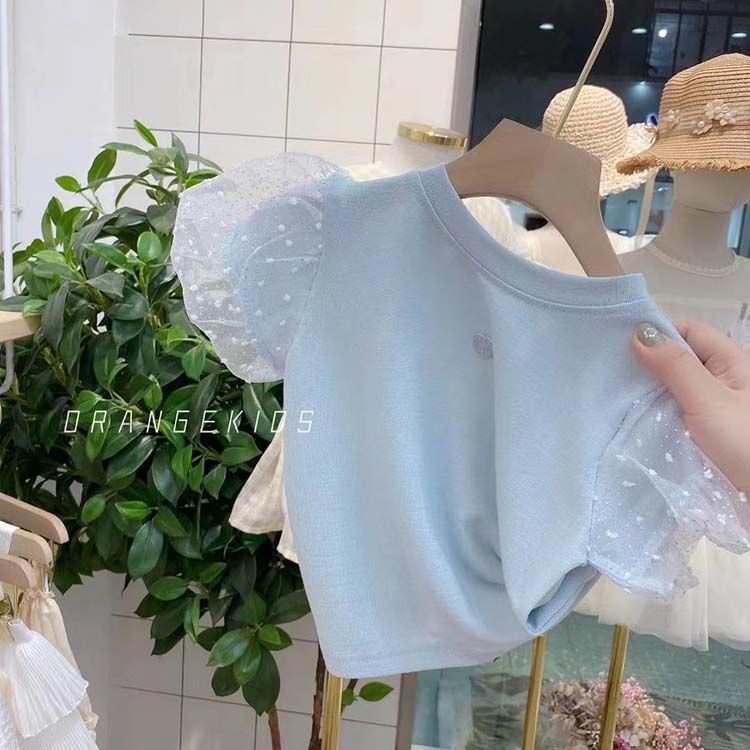 Áo thun tay ngắn phồng chất liệu cotton phối lưới mỏng thời trang mùa hè cho bé gái