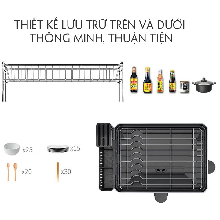 Kệ úp bát đĩa 2 tầng inox Sinoart có khay hứng nước- giá úp bát đĩa 2 tầng có khay cài dao thìa đũa