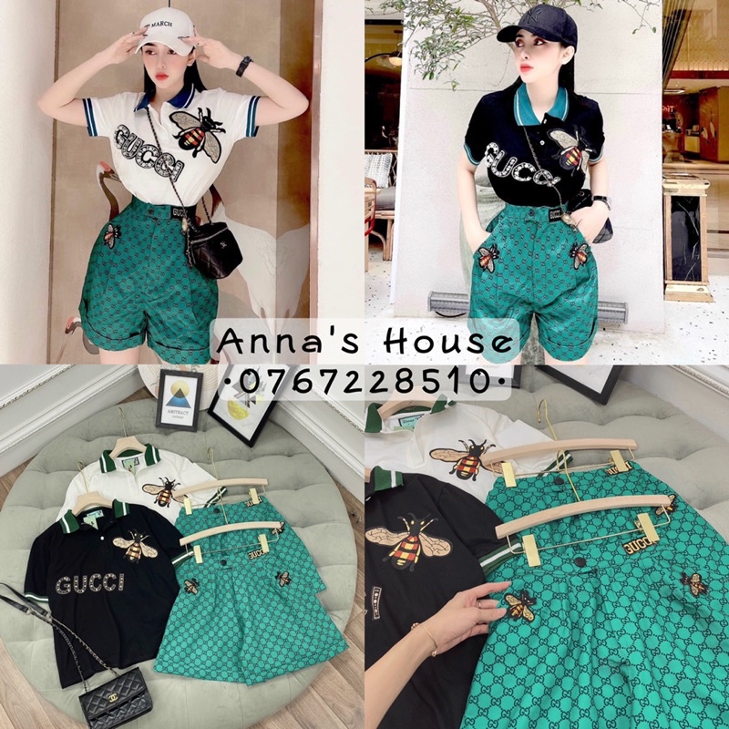 Set áo thun polo viền GC ong + short xanh in kín chữ