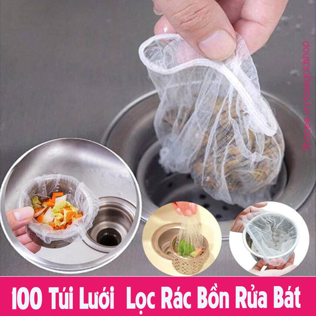 Set 100 Túi Lọc Rác Bồn Rửa Chén Bát- Hàng Loại 1-Vải Lưới Tự Phân Hủy Có Chun Miệng Túi