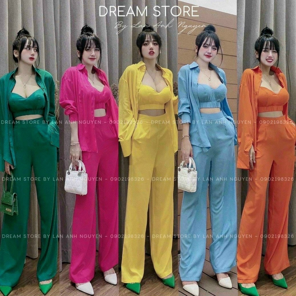[9.9 Sales Freeship] Set bộ đũi 3 món đi biển, set áo sơ mi trơn tay dài nhiều màu sắc kèm áo bra + quần ống rộng dx