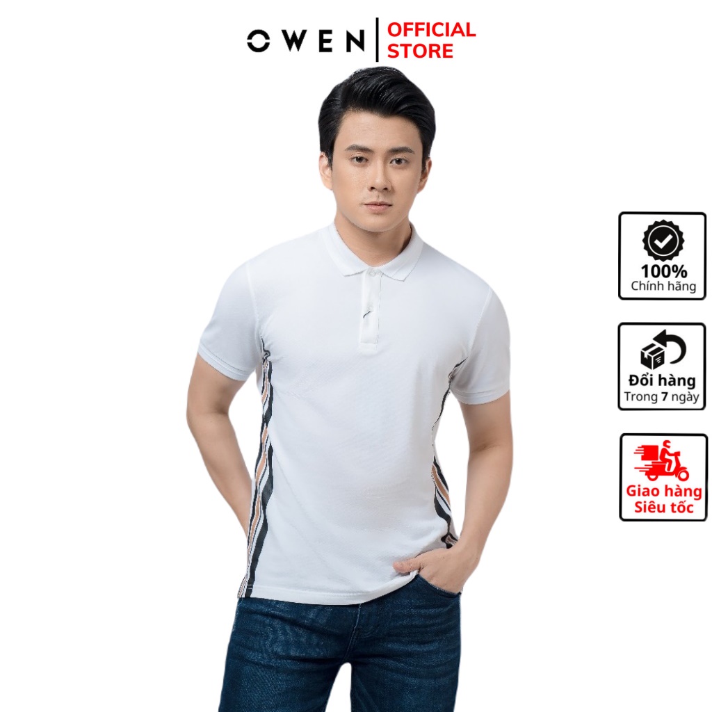 Áo thun nam có cổ polo OWEN APV220297 phông ngắn tay cao cấp dáng body fit màu trắng phối sườn đen cam vải cotton
