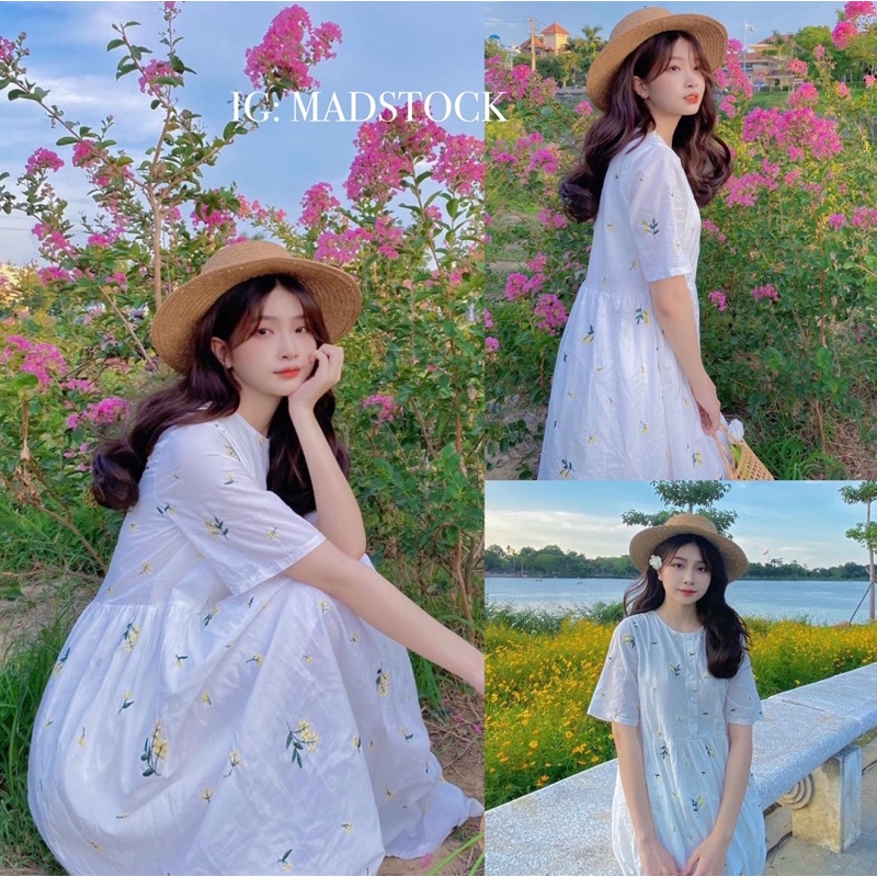 Váy-Đầm trắng hoa cúc daisy dáng rộng form dài freesize Váy du lịch