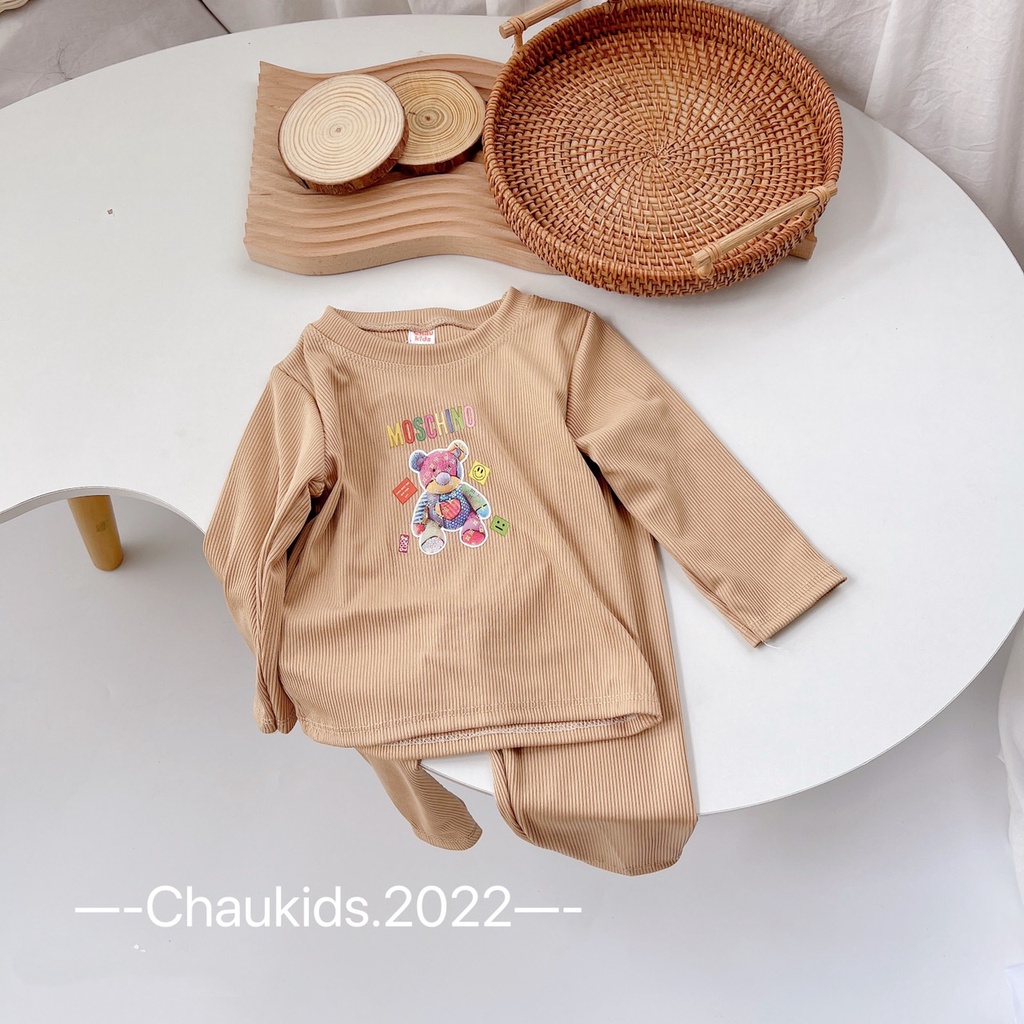 Quần áo bé trai, bé gái, bộ tăm Quảng Châu dài tay hình gấu dễ thương cho bé
