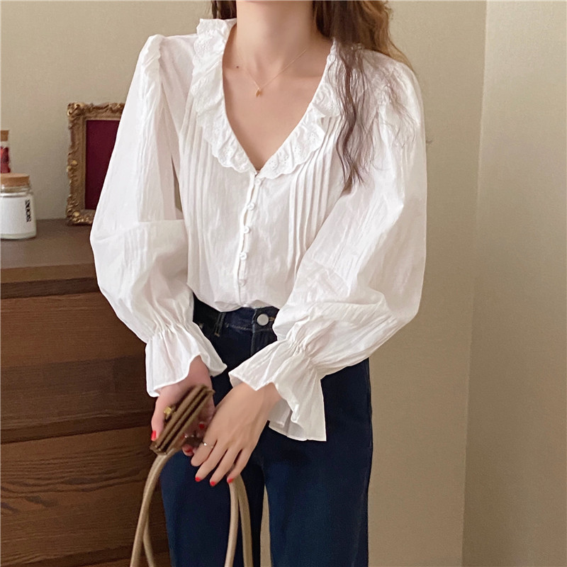 Áo kiểu Peppermint 37488 tay dài phối bèo thiết kế cổ chữ V màu trơn tùy chọn