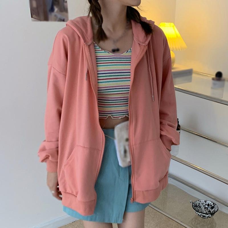 Áo khoác cardigan dáng rộng màu trơn có nón trùm phối khóa kéo thời trang Hàn Quốc cho nữ | BigBuy360 - bigbuy360.vn