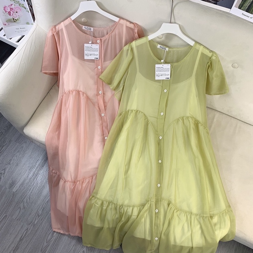 Váy đầm nữ cộc tay babydoll voan tơ xòe kèm váy 2 dây lót dáng sơ mi freesize Ylydress hồng xanh cốm maxi đi biển C962