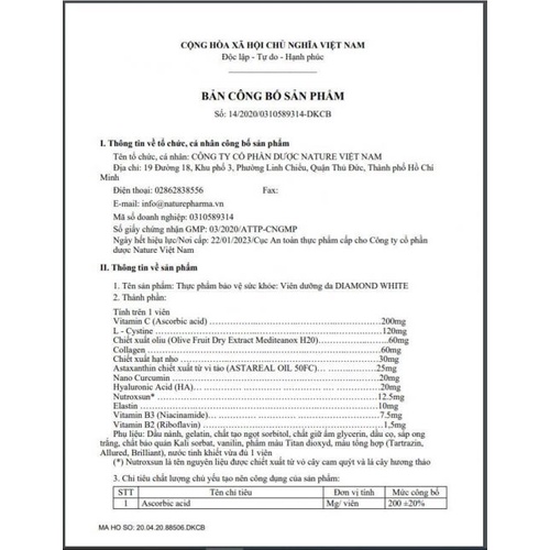 VIÊN UỐNG DƯỠNG DA DIAMOND WHITE - Tem code chính hãng