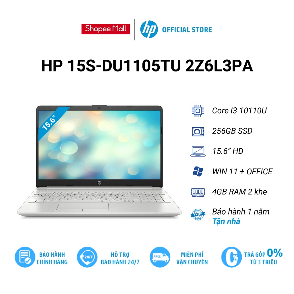 [ELHP15 giảm 10%] Laptop HP 15s-du1105TU 2Z6L3PA i3 10110U | 4GB RAM | 256GB SSD | 15.6 HD | Win10 | Bạc