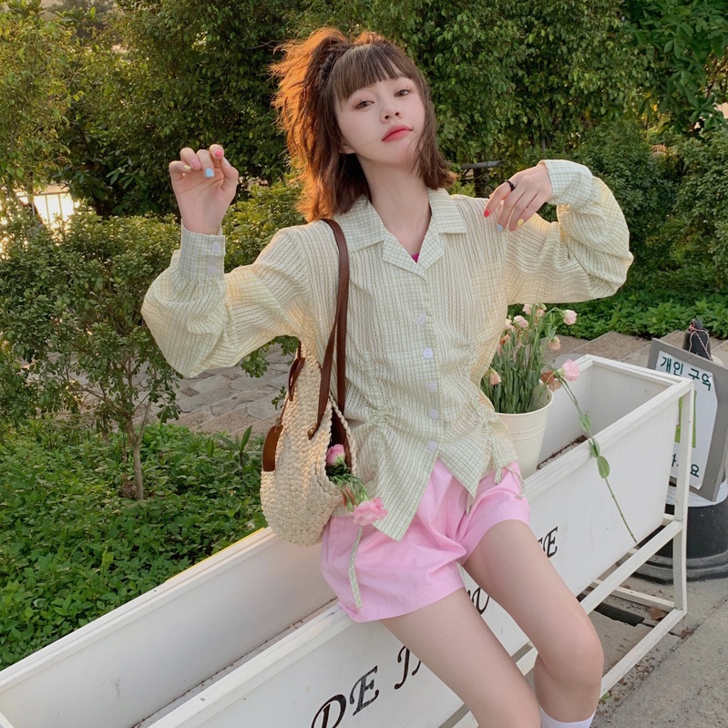 Áo Sơ Mi Tay Dài Phối Dây Rút Màu Xanh Lá Thiết Kế Đơn Giản Phong Cách Hàn Quốc Thời Trang Mùa Hè Cho Nữ