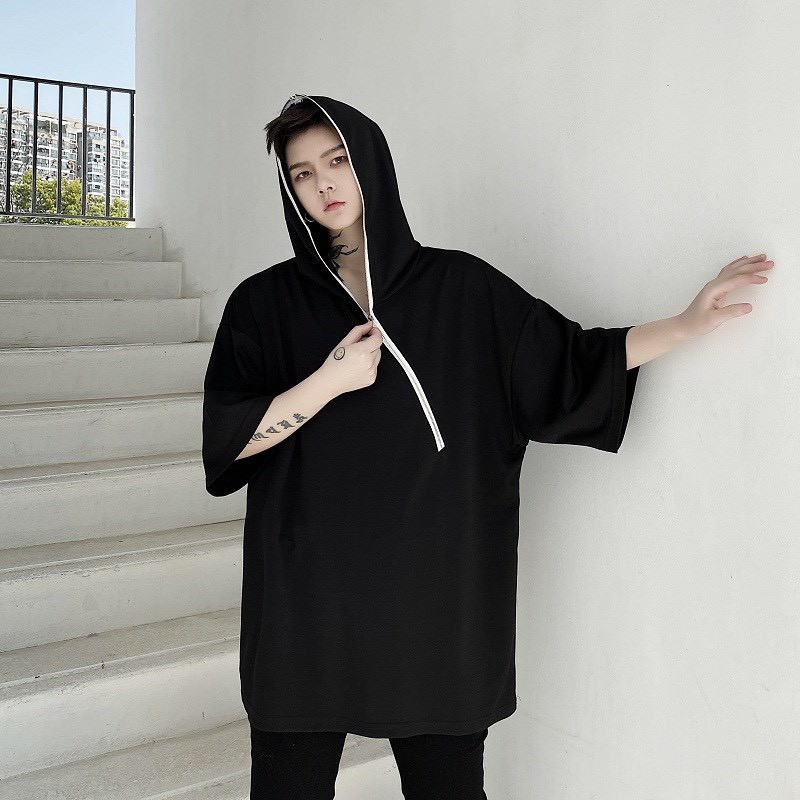 Áo thun tay lỡ unisex form rộng overtee zip chéo phong cách Hàn Quốc